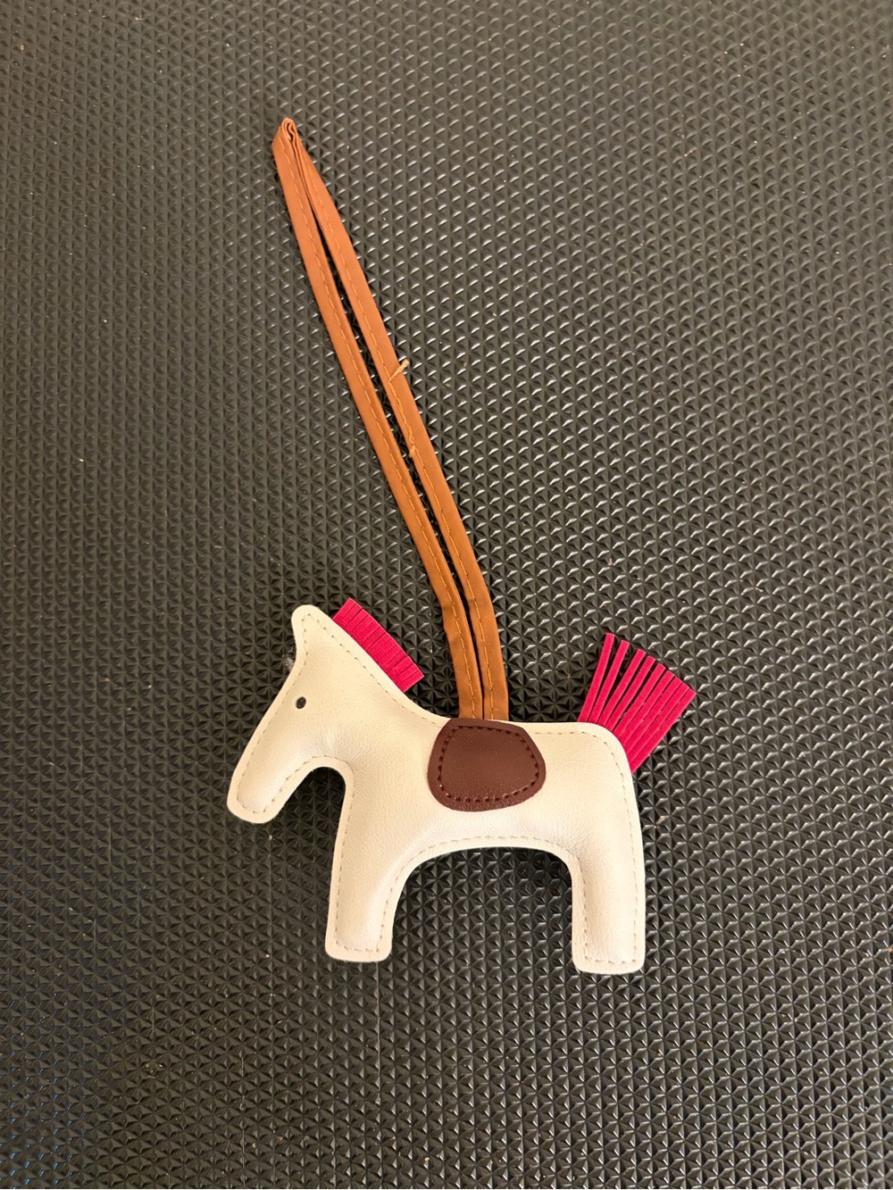 White Vegan Leather Horse Bag Charm with Ref Fringe and Brown Saddle